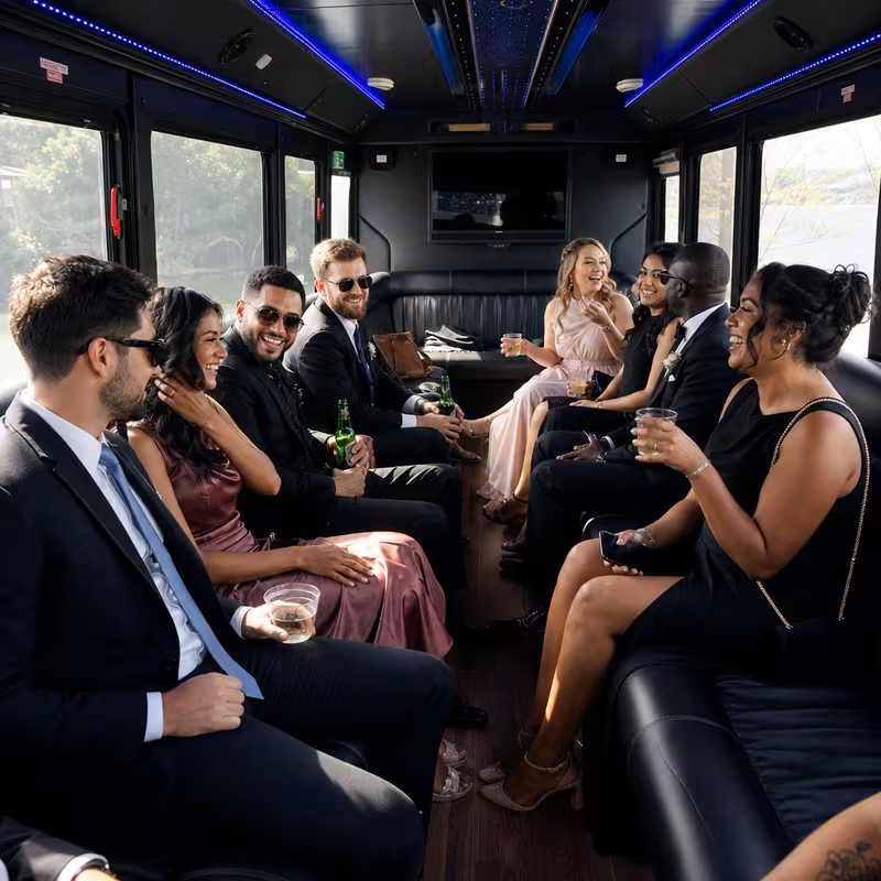 Wedding guests seated inside a Fort Lee party bus