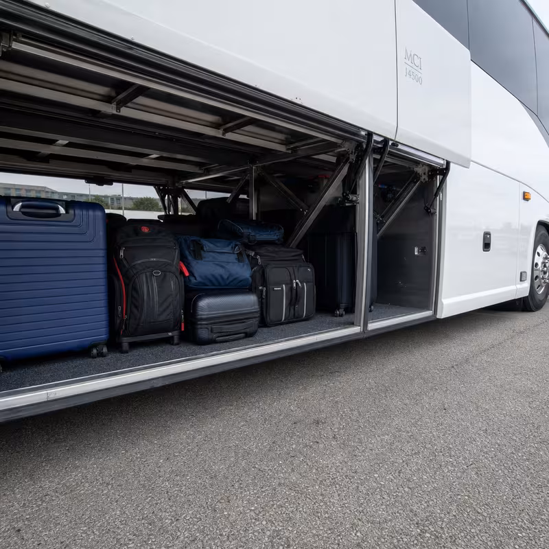 Party bus interior with wraparound leather seating and LED lighting in Fort Lee
