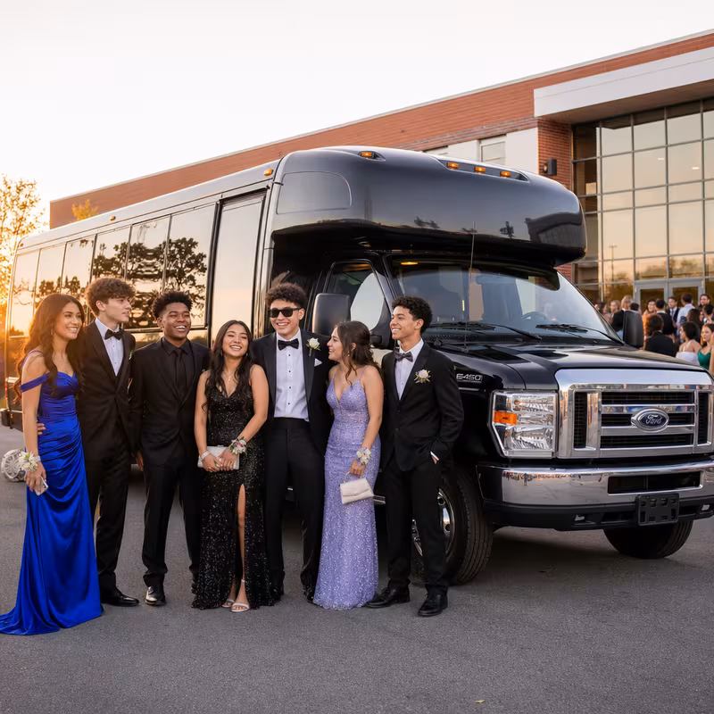 Group boarding a white charter bus for Prom & Homecoming Transportation transportation in Fort Lee