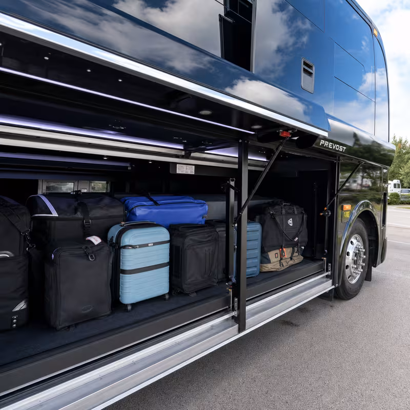 Party bus interior with wraparound leather seating and LED lighting in Fort Lee
